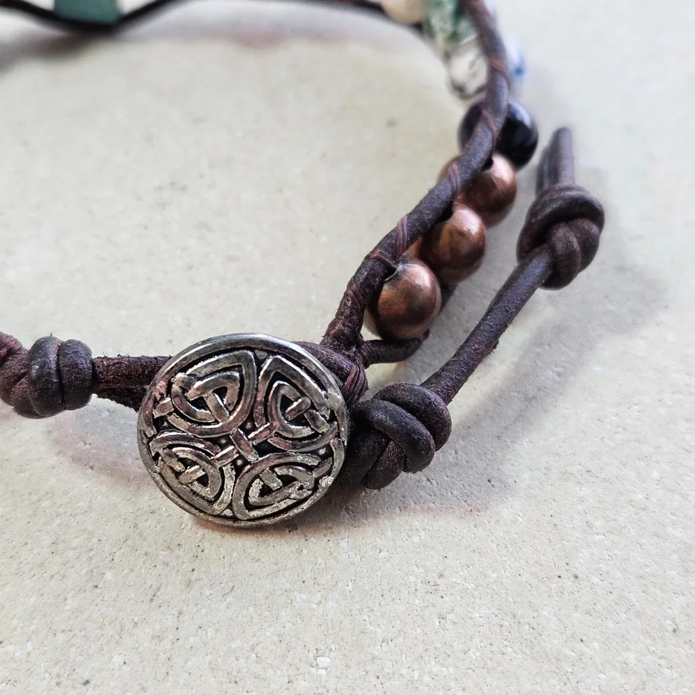 Boho Leather Wrap Bracelet Turquoise Cross Natural Stone‎ Celtic Knot Button